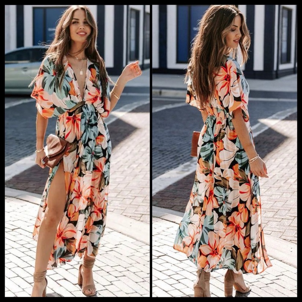 Floral Kimono Midi Dress With Slits - Picture 4 of 8
